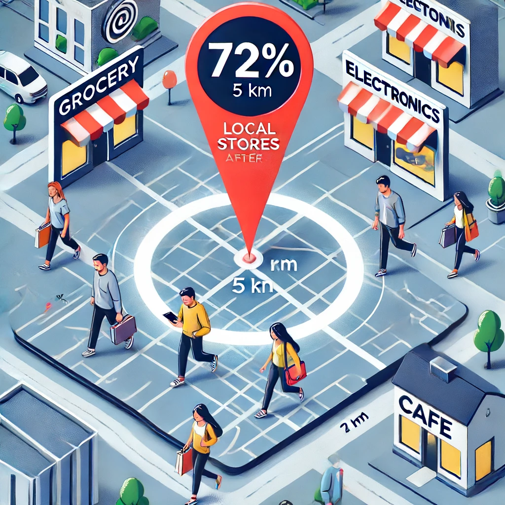 72% des consommateurs qui font une recherche locale avant de visiter un magasin situé à moins de 5 km de leur position actuelle