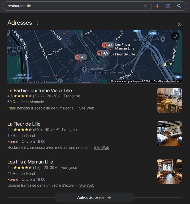 Exemple de local pack pour restaurant Lille