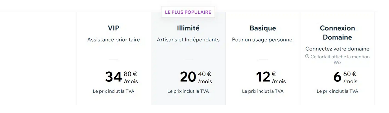 prix forfaits site internet wix